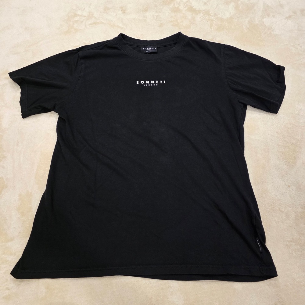 SONNETI LONDON Mens T Shirt Size L Black Spellout Logo Short Sleeve Cotton Tee